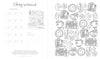 The Very Cozy Coloring Book by Schiffer Publishing, Ltd. features black-and-white worksheets with books, mugs, hearts, stars, and drinks. The left page includes swatch boxes, Coloring Materials and Colored By sections, plus a cozy desk scene to color.