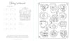 The Very Cozy Coloring Book by Schiffer Publishing, Ltd. features a cozy worksheet with illustrated mugs, book stack labeled "Books, Coffee, Mind, Stayin’ Cozy," heart accents, and space to record coloring materials and swatches.