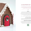 A crocheted gingerbread house with candy cane details sits on a white surface. Next to it, a page from Schiffer Publishing, Ltd.’s Cozy Christmas Crochet highlights skill level and techniques for festive holiday crochet projects.