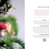 A close-up of a crochet red and white mushroom ornament hangs on the left, with an article about crocheting mushroom ornaments and Cozy Christmas Crochet by Schiffer Publishing, Ltd. featured on the right.