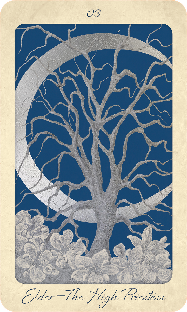 A card numbered 03 from The Tree Tarot by Schiffer Publishing, Ltd. features a silver tree with bare branches set before a crescent moon and blue background, with flowers at its base. The card displays the text “Elder—The High Priestess,” representing forest wisdom and intuitive guidance.