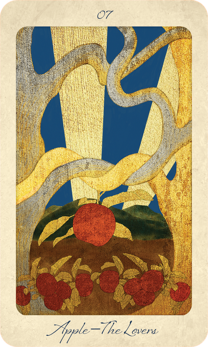 A card from The Tree Tarot by Schiffer Publishing, Ltd., titled 07 Apple—The Lovers, features two entwined trees beneath golden sunlight, a large red apple at the center, and several apples scattered on the ground. The mystical scene evokes feelings of romance, forest wisdom, and enchantment.