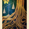 A card from The Tree Tarot by Schiffer Publishing, Ltd. features tree roots adorned with golden leaves and a balance scale suspended among them, representing forest wisdom. The card is marked with the number 12 at the top and labeled “Beech—Justice” at the bottom, set against a blue-green background dotted with star-like specks.