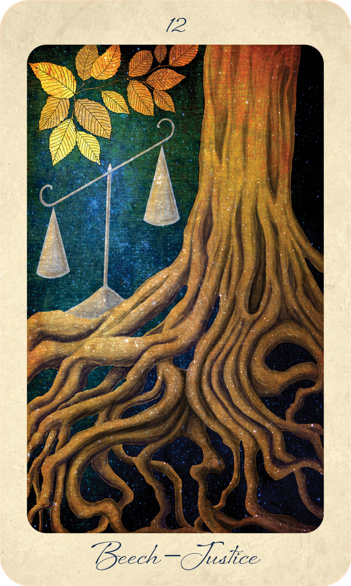 A card from The Tree Tarot by Schiffer Publishing, Ltd. features tree roots adorned with golden leaves and a balance scale suspended among them, representing forest wisdom. The card is marked with the number 12 at the top and labeled “Beech—Justice” at the bottom, set against a blue-green background dotted with star-like specks.