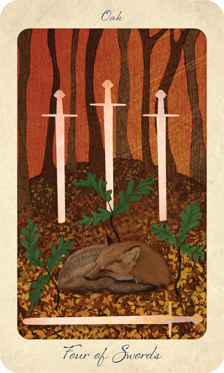 A fox sleeps curled up among autumn and oak leaves, with four swords—three upright and one lying down—set against a backdrop of trees in red-orange hues. Inspired by forest wisdom from The Tree Tarot by Schiffer Publishing, Ltd., this card is titled Oak – Four of Swords.