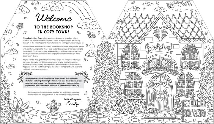 Discover a coloring page spread from A Day in Cozy Town: The Bookshop Coloring and Sticker Book by Schiffer Publishing, Ltd. On the left, inviting introductory text welcomes you to a delightful bookstore adventure, while the right side showcases a detailed line-art illustration of an adorable cottage-style bookshop with books displayed in the windows—an ideal treat for fans of bookshop-themed coloring activities.