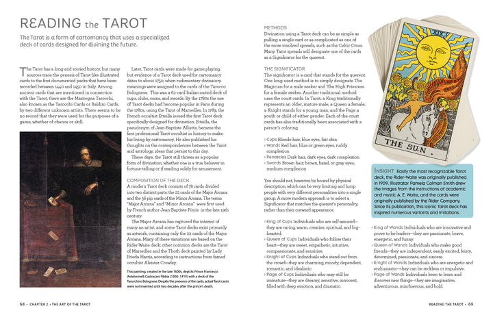 Two pages from the Fortune Telling for a Modern Age book, featuring an illustration of The Sun tarot card alongside text explaining the history, methods, and court cards of traditional decks.