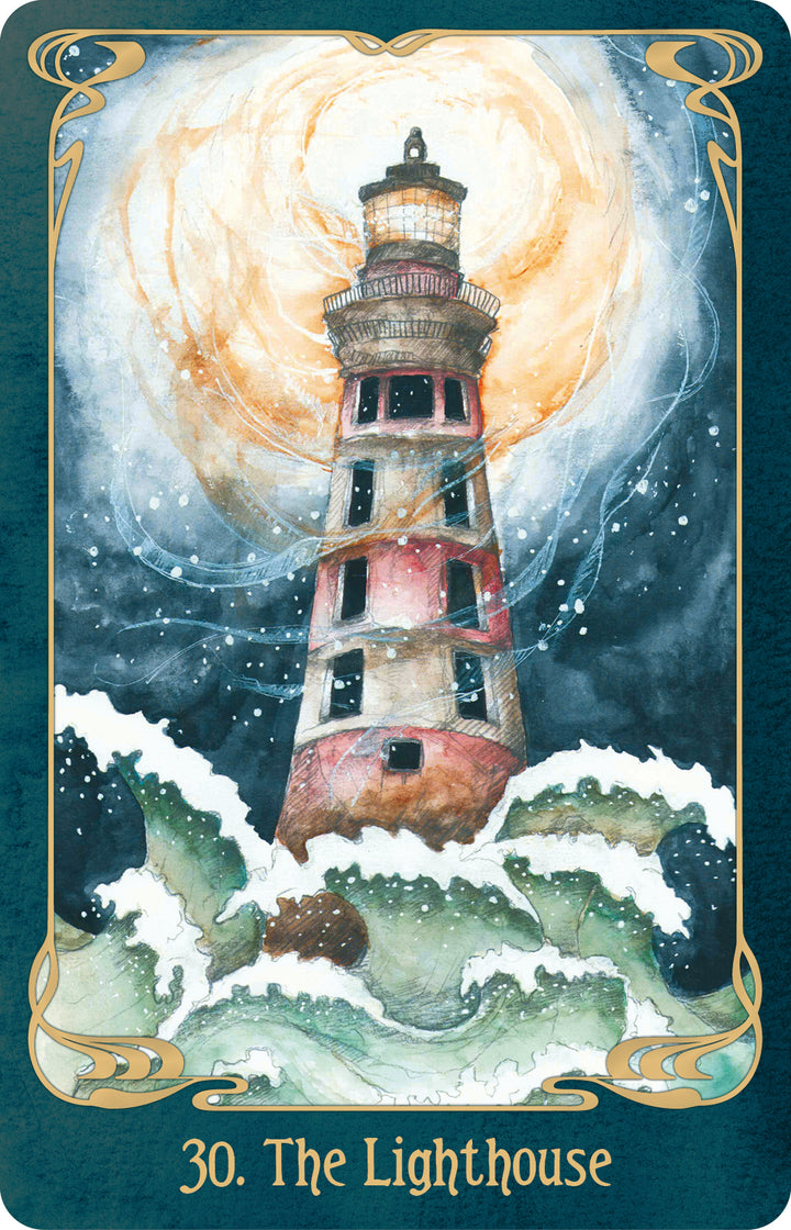 Watercolor illustration of a lighthouse from the Oracle of the Mythical Ocean tarot set, surrounded by crashing waves under a large, glowing moon, with the text 30. The Lighthouse at the bottom.