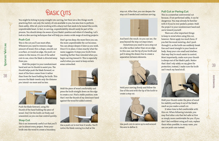 Discover the essentials of wood carving with Adventure Whittling from Schiffer Publishing, Ltd. This beginner-friendly guide features detailed instructions and photographs demonstrating fundamental cuts—including push, stop, and pull/paring—using a carving knife on wood. Perfect for those new to whittling, this step-by-step book provides clear techniques to help lay the foundation for successful carving projects.
