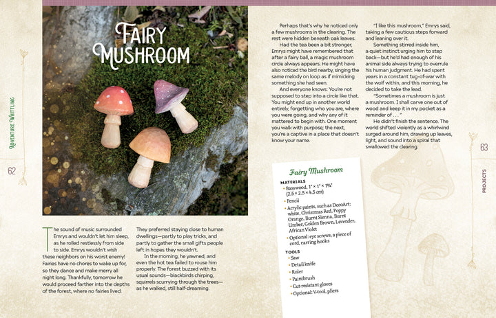 Three colorful mushroom figurines sit on moss and rocks. The background features content from *Adventure Whittling* by Schiffer Publishing, Ltd., including a whimsical fairy tale, a beginner-friendly mushroom craft tutorial with materials and step-by-step whittling instructions, and charming illustrations of mushrooms. Decorative borders frame the page.