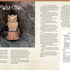 A charming scene from Adventure Whittling by Schiffer Publishing, Ltd. features a wide-eyed polymer clay owl perched on a small wooden pedestal, leaning against a textured tree trunk. Highlighted in a craft magazine layout with detailed instructions, this project is ideal inspiration for beginners eager to try step-by-step whittling while incorporating polymer clay creations.