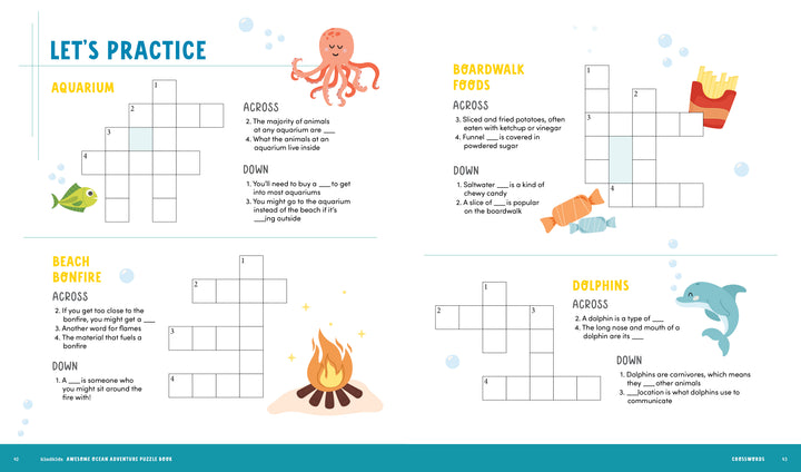 Dive into summer fun with the KindKids Awesome Ocean Adventure Puzzle Book by Schiffer Publishing, Ltd.! This dynamic crossword puzzle page for kids features ocean and boardwalk food themes, complete with illustrated sea animals, a cozy fire, and tasty snacks. Four crossword sections—Aquarium, Boardwalk Foods, Beach Bonfire, and Dolphins—invite young puzzlers on an underwater adventure. Perfect for any activity book or beach day collection, this engaging page brings ocean-themed puzzles to life through