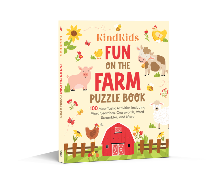 The KindKids Fun on the Farm Puzzle Book cover features a red barn, flowers, and farm animals, offering 100 activities including word searches, crosswords, and word scrambles for kids who love farm puzzles.