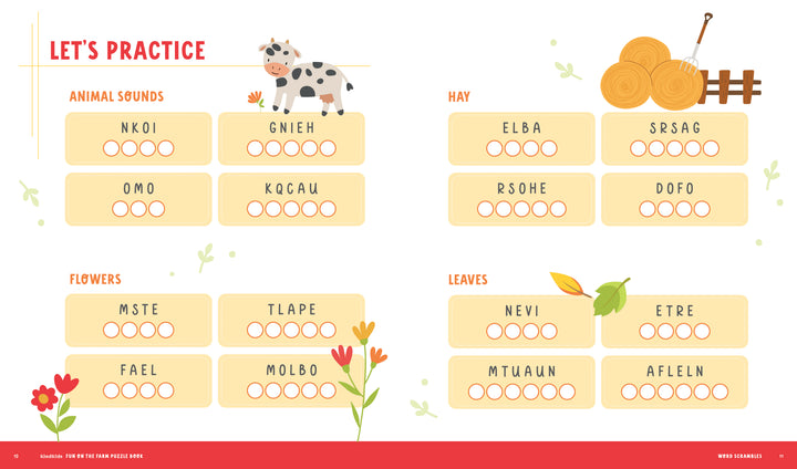 A KindKids Fun on the Farm Puzzle Book farm-themed word scramble worksheet with categories for animal sounds, hay, flowers, and leaves, featuring illustrations of a cow, hay bales, and flowers.