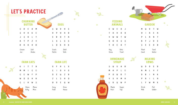 A page from a KindKids Fun on the Farm Puzzle Book featuring eight word search grids, accompanied by illustrations of toast, a wheelbarrow, a cat, and a bottle of syrup.