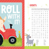 A two-page spread from the KindKids Fun on the Farm Puzzle Book featuring a cartoon dog on a red tractor with the text Just roll with it! on the left and a goats word search puzzle with illustrated goats at the bottom on the right.