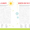 Two KindKids Fun on the Farm Puzzle Book word search pages titled Weather & Climate and Winter on the Farm, featuring illustrations of a sun, a lightning cloud, snowflakes, and a log pile.