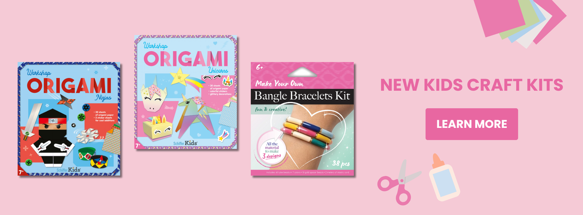 Three Schiffer Kids craft kits—Origami Ninjas, Origami Unicorns, and a Bangle Bracelets Kit—displayed next to a Learn More button.