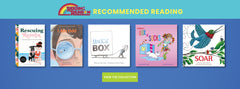 A banner for Reading Rainbows recommended reading shows five childrens book covers on a blue background, with a yellow View the Collection button below the books.