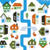 “Where Is My House?” by Schiffer Publishing, Ltd. features a colorful, geometric scene of houses and trees along a blue river with two red birds, a small bridge, and snowcapped mountains—ideal for activity books that build observation and memory skills.