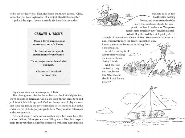 Two book pages from *Just One Thing!* by Schiffer Publishing, Ltd.: Left shows a Create a Biome activity and a child smelling paper; right has story text, doodles of a climber, and kids sailing—ideal for ages 8-12 who enjoy funny, hand-drawn books.
