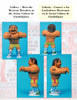 Carving Mexican Wrestlers by Schiffer Publishing, Ltd. features a clay Lucha Libre figurine with a mustache, tattoos, yellow wrestling shorts, blue boots with white laces—shown from four angles against a light blue background with bilingual text.