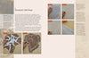 In "Hardwood Edging and Inlay for Curved Tables" by Schiffer Publishing, Ltd., a book spread presents step-by-step photos and instructions for drawing and cutting a curved tabletop pattern on fabric, with detailed diagrams and images.