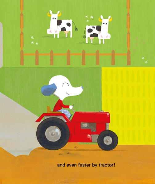 A cartoon of a dog riding a tractor from "Faster, Please!" by Schiffer Publishing, Ltd.—great for children’s vehicle books or play mats to encourage fun vehicle identification.