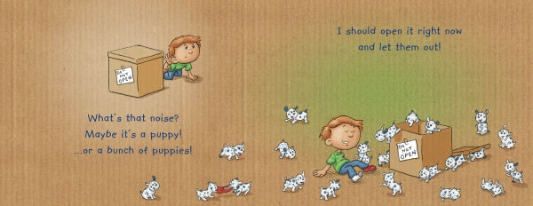 In "Do Not Open the Box" by Schiffer Publishing, Ltd., a curious boy can't resist a mysterious box—when he opens it, playful puppies spill out, capturing the magic and wonder of every great children's illustrated book.