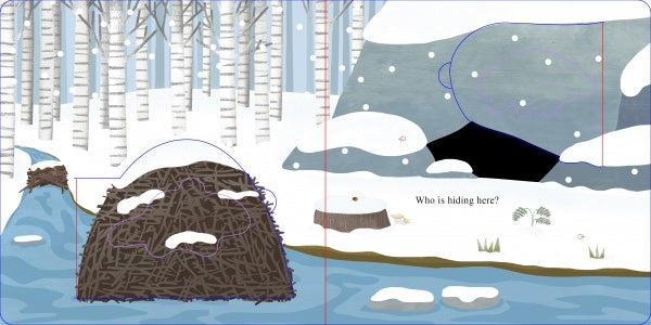 An illustration from "Who Is Hiding in the Forest?" by Schiffer Publishing, Ltd. shows a snowy birch forest with a stream, beaver lodge, and cave. The text asks, Who is hiding here? Snow blankets clever winter shelters throughout the scene.