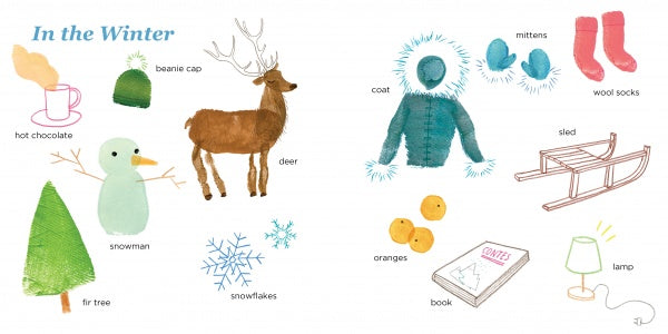 Lili's Seasons by Schiffer Publishing, Ltd. features illustrated winter items—hot chocolate, beanie cap, deer, snowman, fir tree, and more—all labeled with text. A perfect picture book for ages 4-8 in the On the Fingertips series.