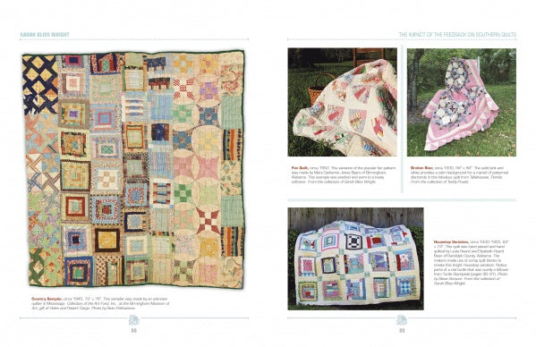 A book spread from Southern Quilts by Schiffer Publishing, Ltd. displays a large colorful patchwork quilt with classic patterns on the left page and three smaller uniquely patterned quilts outdoors on the right, each with captions.