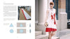 A book spread from "Pleating" by Schiffer Publishing, Ltd. features fabric pleating diagrams and panels on the left, while on the right, a woman in a white dress with red accents and a lion motif stands outside a building.