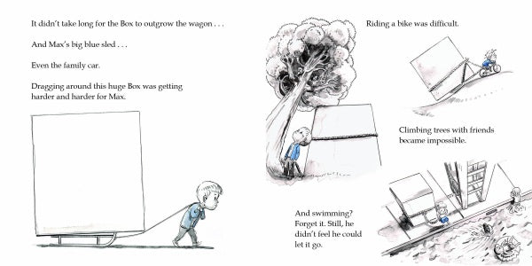 A cartoon of a boy climbing a wall from Max's Box by Schiffer Publishing, Ltd., symbolizing how managing emotions helps children overcome challenges and supports their emotional development.