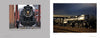In Smoke Over Steamtown by Schiffer Publishing, Ltd., a two-page spread features an old-fashioned steam locomotive near brick buildings on the left and a large black heritage railroad engine beneath dramatic evening clouds on the right.
