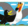 A cartoon of a happy black bird and a large smiling white bird with an orange beak under a blue sky, from "Ronnie Raven Recycles" by Schiffer Publishing, Ltd. Ideal for children ages 5-8, with distant birds and clouds above.