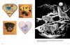 On the left page of "Scroll Saw Pictures, 2nd Edition" by Schiffer Publishing, Ltd., four wooden animal plaques are shown. The right page displays a black-and-white drawing of four wolves under a full moon amid mountains and forest.