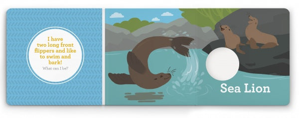 An illustrated sea lion jumps from the water as two rest on rocks. Text reads: “I have two long front flippers and like to swim and bark! What am I? Sea Lion.” From Think Zoo Animals by Schiffer Publishing, Ltd.—great for zoo fans and guessing games.