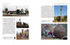 A two-page spread in *Moving Sam Maloof* (Schiffer Publishing, Ltd.) features photos and text on relocating a tall palm tree—showing transport by truck, workers with machinery, and the tree upright—highlighting historic preservation efforts.