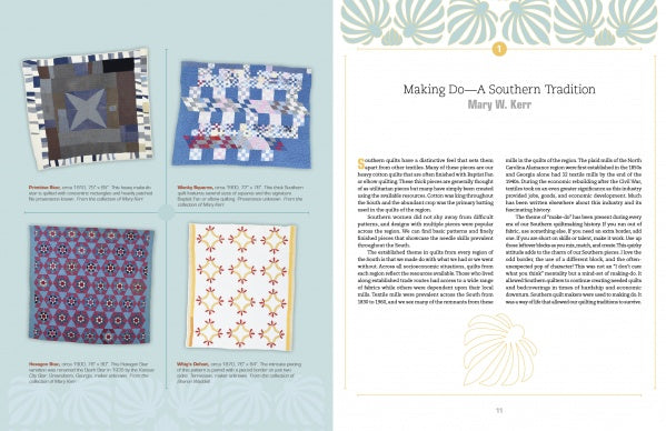 A book spread from Southern Quilts by Schiffer Publishing, Ltd. features four southern quilts with captions on the left page and a chapter titled "Making Do—A Southern Tradition" on the right, highlighting quilting history with decorative borders.