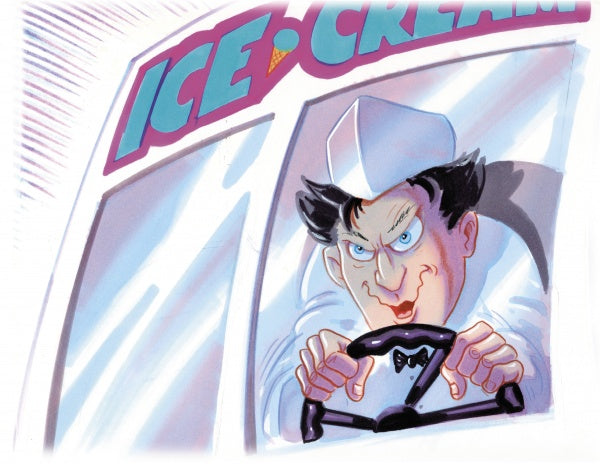 Big Billy, a cartoon ice cream truck driver in a white uniform and hat, grips the wheel with a mischievous grin as "ICE CREAM" appears above the windshield. From Schiffer Publishing, Ltd.'s "Big Billy and the Ice Cream Truck that Wouldn't Stop.