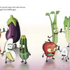 Animated fruits and veggies with faces stand in groups on a light background, smiling and cheering. Text reads “Good Egg and Bad Apple”—a joyful, pun-filled picture book for kids from Schiffer Publishing, Ltd.