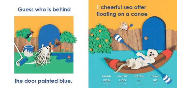 Guess Who Is behind the Door" by Schiffer Publishing, Ltd.: Two panels show a porcupine and dog near a blue door with paint roller, while a sea otter in a canoe introduces early colors and numbers in this multilingual children’s book.