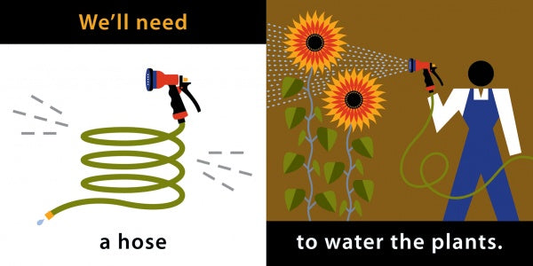 An illustration from "Let's Fix Up the Yard" by Schiffer Publishing, Ltd. shows a hose with “We’ll need a hose” and someone watering sunflowers with “to water the plants”—a perfect preschool gardening introduction.