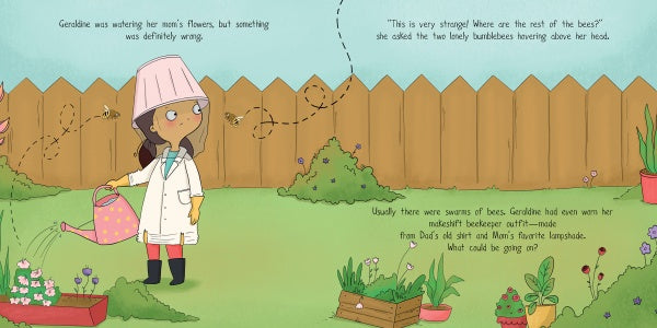 A girl in a lab coat and bucket hat waters flowers, puzzled as two bees fly above. "Geraldine and the Space Bees" by Schiffer Publishing, Ltd. inspires kids to invent and help save bees, with text floating across the sky and grass.