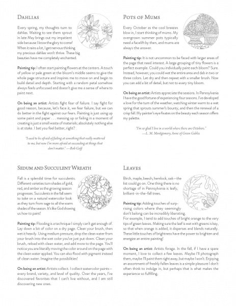 A page from Kristy's Fall Cutting Garden by Schiffer Publishing, Ltd. features four text sections—Dahlias, Pots of Mums, Sedum and Succulent Wreath, and Leaves—with fall floral illustrations in circular motifs near each heading.
