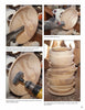 Four images from Schiffer Publishing, Ltd.'s "Wood Turning, from Tree to Table" depict sanding on a lathe, detailed disc sanding, and a stack of smooth bowls in an eco-friendly woodworking workshop.