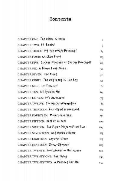 The contents page of Just One Thing! by Schiffer Publishing, Ltd. lists chapters like The Cloud of Doom and KA-BOOM!, spanning pages 7–139. Ideal for ages 8–12, this funny read is perfect for any middle school chapter book fan.