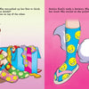 A girl with brown hair in a ponytail sits on a pink floor surrounded by colorful clothes, trying on long, smiley-faced socks from Jocelyn's Box of Socks by Schiffer Publishing, Ltd., with her white dog beside her in a playful scene.