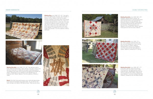 A two-page spread from "Southern Quilts" by Schiffer Publishing, Ltd. features multiple photos of vintage wedding ring quilts with classic patterns, touches of quilting history, and descriptive text detailing each quilt.